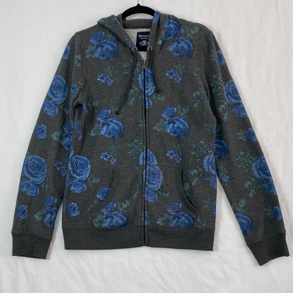 Bluenotes Hoodie Zip Up Gray with Painted Blue Roses - Picture 1 of 11